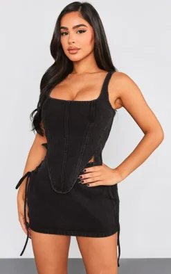 Sale PrettyLittleThing Petite Denim Lace Up Corset Top Washed Black
