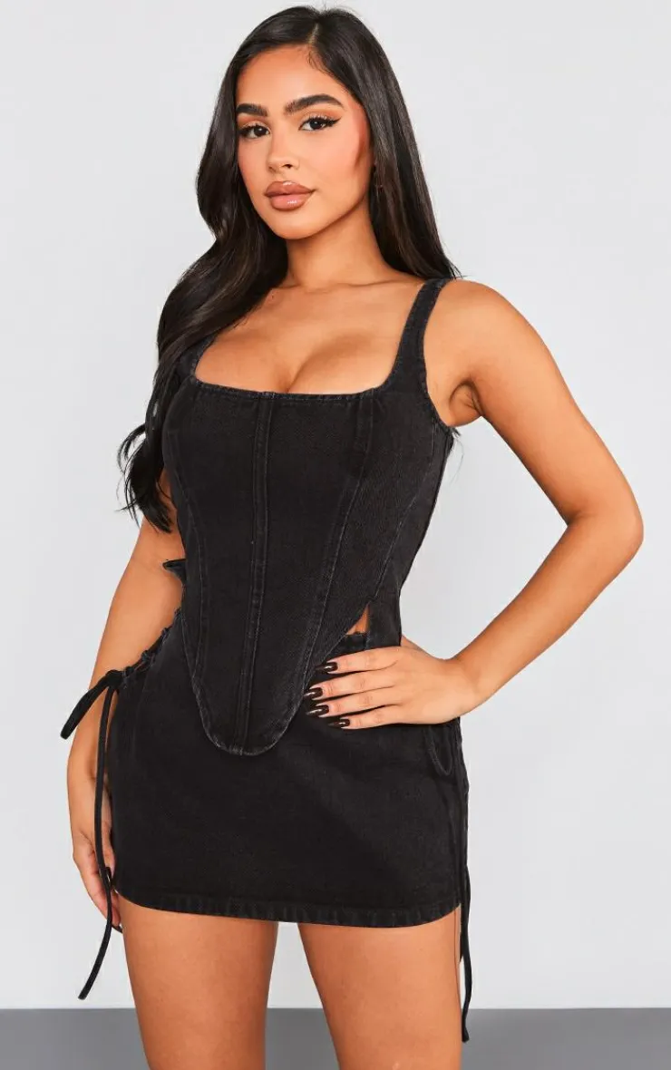 Sale PrettyLittleThing Petite Denim Lace Up Corset Top Washed Black