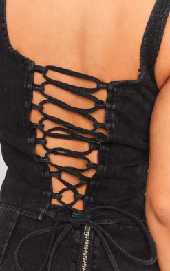 Sale PrettyLittleThing Petite Denim Lace Up Corset Top Washed Black