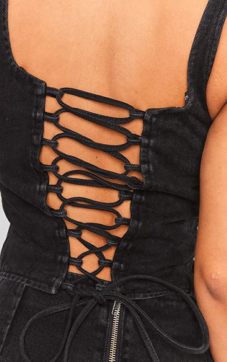 Sale PrettyLittleThing Petite Denim Lace Up Corset Top Washed Black