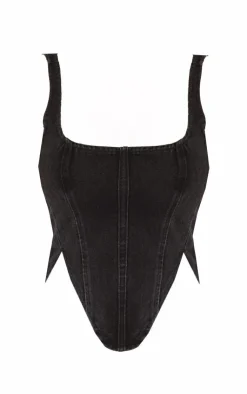 Sale PrettyLittleThing Petite Denim Lace Up Corset Top Washed Black