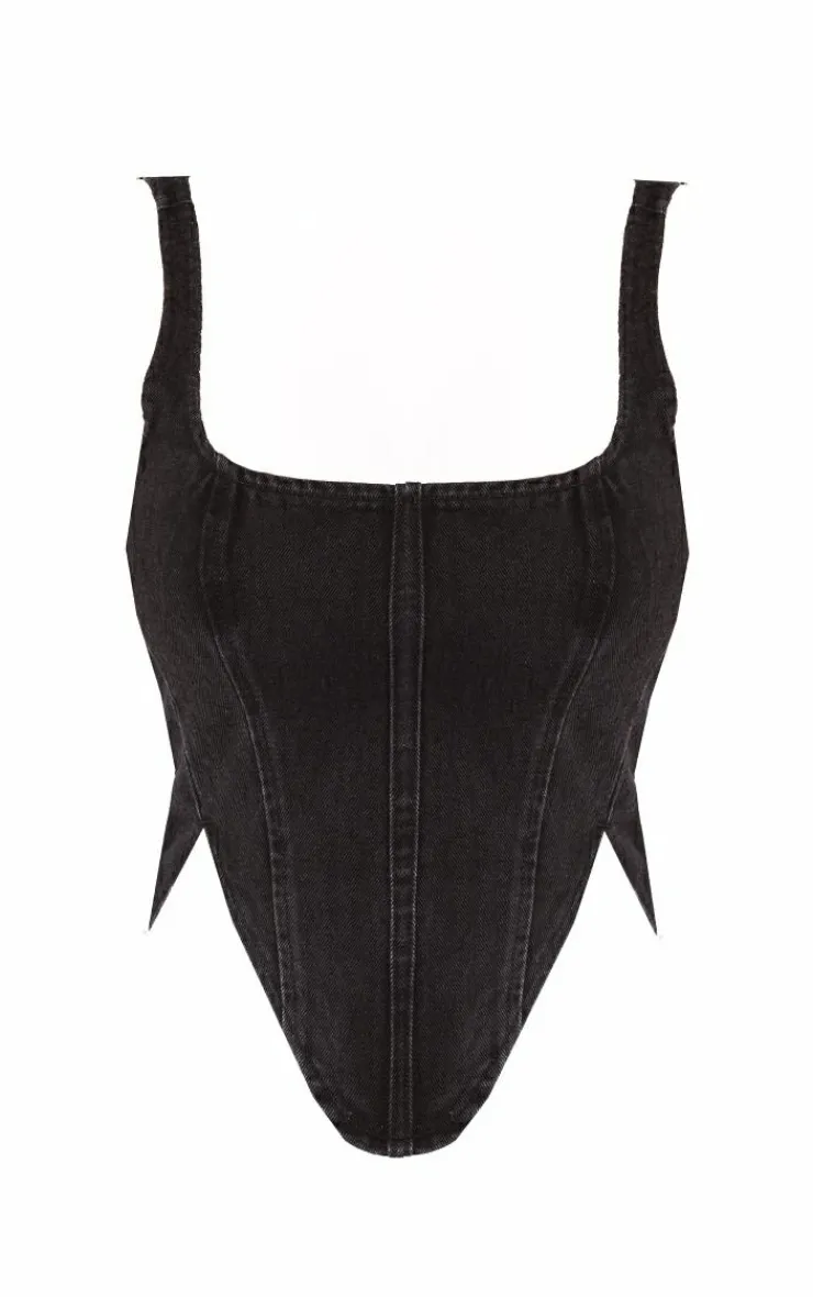Sale PrettyLittleThing Petite Denim Lace Up Corset Top Washed Black