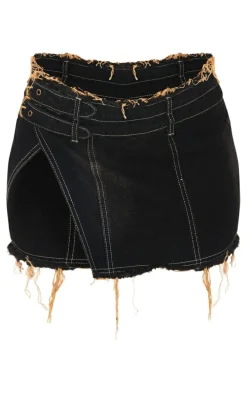 Petite Washed Black Denim Side Split Mini Skirt