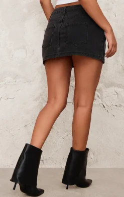 Petite Washed Black Denim Mini Skirt With Heart Details