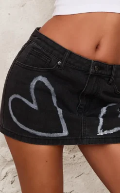 Petite Washed Black Denim Mini Skirt With Heart Details