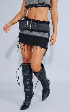 Online PrettyLittleThing Petite Distressed Panel Belted Denim Mini Skirt Washed Black