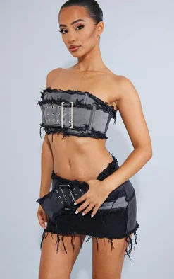 Online PrettyLittleThing Petite Distressed Panel Belted Denim Mini Skirt Washed Black