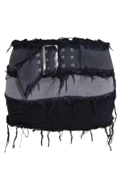 Online PrettyLittleThing Petite Distressed Panel Belted Denim Mini Skirt Washed Black