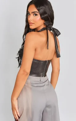 PrettyLittleThing Corsets*Petite Faux Leather Halterneck Corset Top