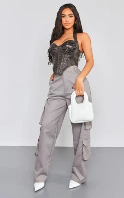PrettyLittleThing Corsets*Petite Faux Leather Halterneck Corset Top
