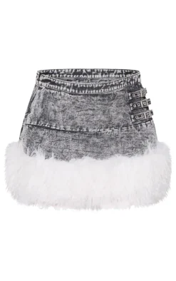 Hot PrettyLittleThing Petite Faux Fur Trim Denim Mini Skirt Washed Black