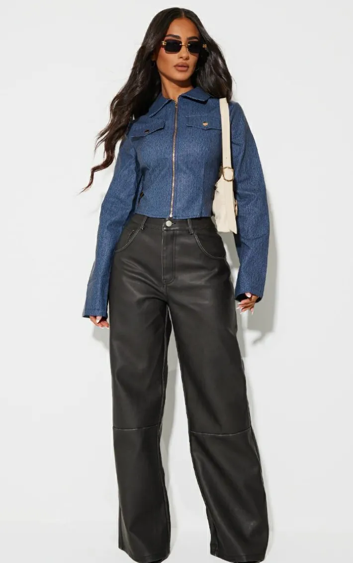 Petite Washed Black Faux Leather Wide Leg Pants