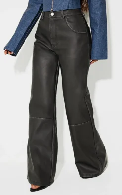Petite Washed Black Faux Leather Wide Leg Pants