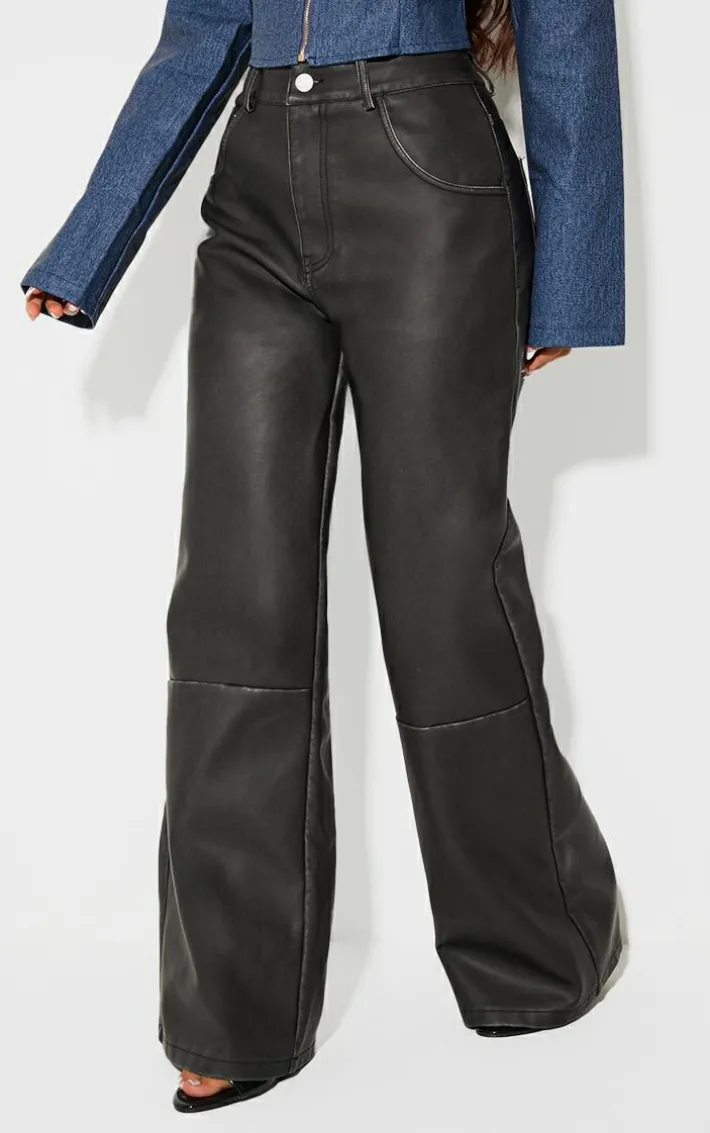 Petite Washed Black Faux Leather Wide Leg Pants