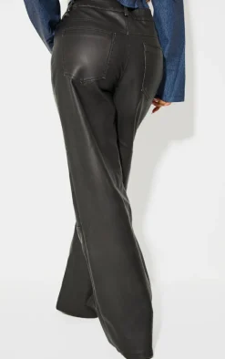 Petite Washed Black Faux Leather Wide Leg Pants