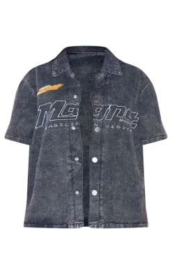 Online PrettyLittleThing Petite Graphic Detail Denim Shirt Washed Black