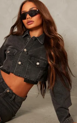 Online PrettyLittleThing Petite Pocket Detail Denim Cropped Jacket Washed Black