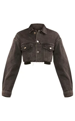 Online PrettyLittleThing Petite Pocket Detail Denim Cropped Jacket Washed Black