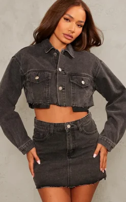 New PrettyLittleThing Petite Pocket Detail Denim Mini Skirt Washed Black