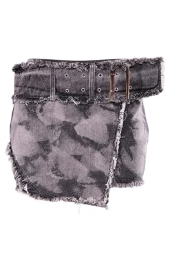 Petite Washed Black Printed Belted Mini Skirt