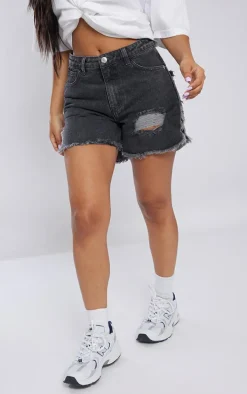 Petite Washed Black Ripped Bum Denim Shorts