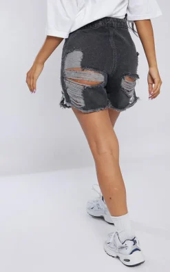 Petite Washed Black Ripped Bum Denim Shorts