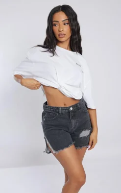 Petite Washed Black Ripped Bum Denim Shorts
