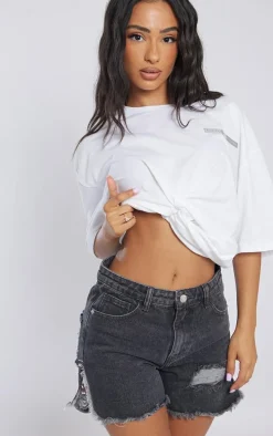 Petite Washed Black Ripped Bum Denim Shorts
