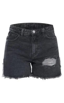 Petite Washed Black Ripped Bum Denim Shorts