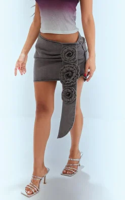 Petite Washed Black Rose Detail Denim Mini Skirt