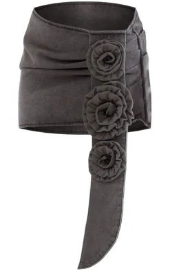 Petite Washed Black Rose Detail Denim Mini Skirt