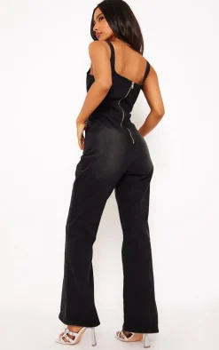 Petite Washed Black Seam Detail Bodice Flared Denim Jumpsuit