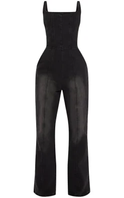 Petite Washed Black Seam Detail Bodice Flared Denim Jumpsuit
