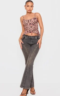 Petite Washed Black Stud Detail Denim Flared Jeans