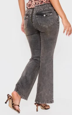 Petite Washed Black Stud Detail Denim Flared Jeans