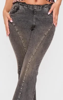 Petite Washed Black Stud Detail Denim Flared Jeans