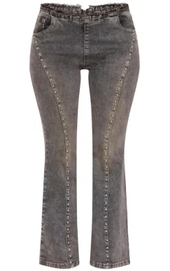 Petite Washed Black Stud Detail Denim Flared Jeans
