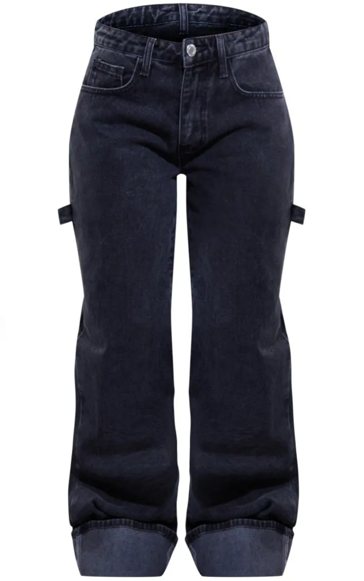 Petite Washed Black Wide Leg Jeans With Strap Detail