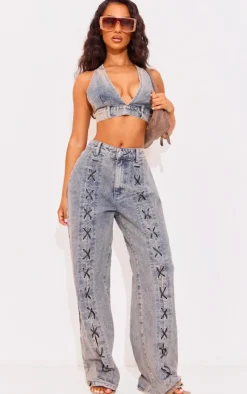 New PrettyLittleThing Petite Denim Lace-up Straight Leg Jeans Washed Blue