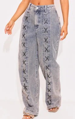 New PrettyLittleThing Petite Denim Lace-up Straight Leg Jeans Washed Blue