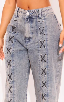 New PrettyLittleThing Petite Denim Lace-up Straight Leg Jeans Washed Blue