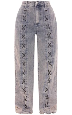 New PrettyLittleThing Petite Denim Lace-up Straight Leg Jeans Washed Blue