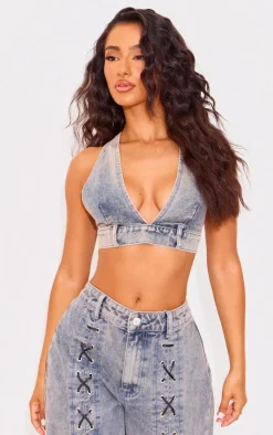 Petite Denim V-neck Bralet-PrettyLittleThing Best