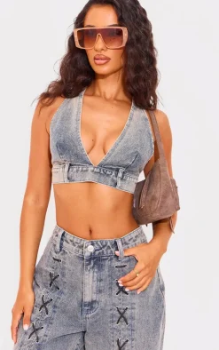 Petite Denim V-neck Bralet-PrettyLittleThing Best