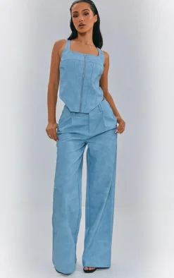 Discount PrettyLittleThing Petite Faux Leather Straight Leg Pants Washed Blue