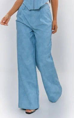 Discount PrettyLittleThing Petite Faux Leather Straight Leg Pants Washed Blue