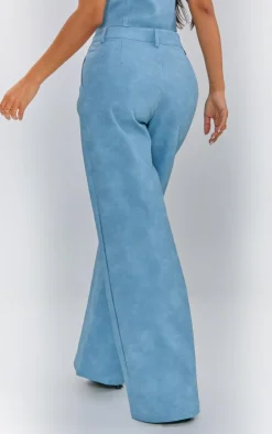 Discount PrettyLittleThing Petite Faux Leather Straight Leg Pants Washed Blue