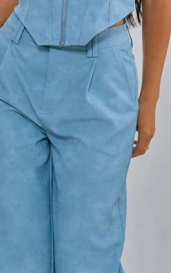 Discount PrettyLittleThing Petite Faux Leather Straight Leg Pants Washed Blue