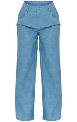Discount PrettyLittleThing Petite Faux Leather Straight Leg Pants Washed Blue