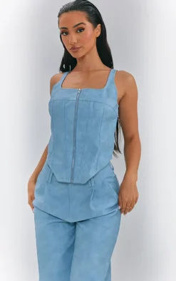 New PrettyLittleThing Petite Faux Leather Zip Up Corset Top Washed Blue